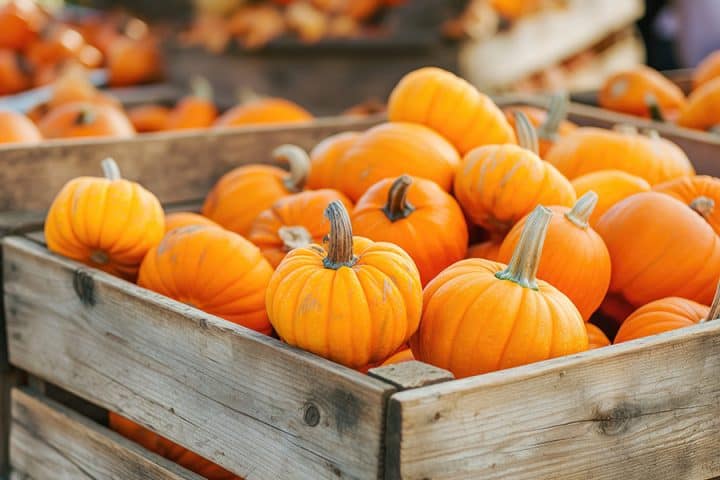 Kiste mit orangefarbenen Kürbissen