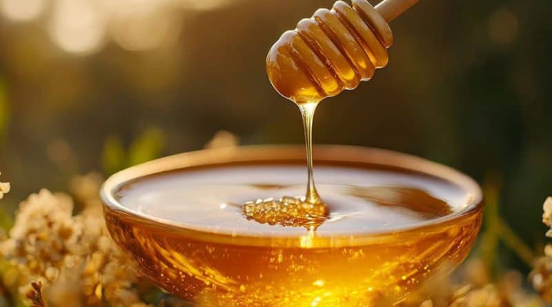 Goldglänzender Honig läuft von einem Honiglöffel