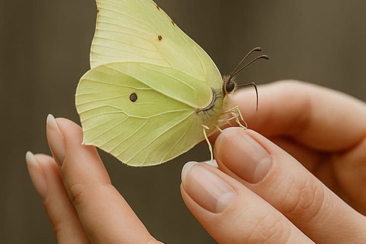 Ein gelber Zitronenfalter ist auf den Fingern einer Frau gelandet. Eine Szene die vollkommene Harmonie ausstrahlt.