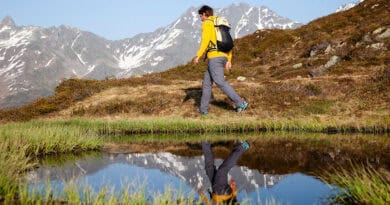 Bergwanderführer Georg Pawlata unterwegs in einer alpinen Landschaft. Im Vordergrund ein See, in dem er sich spiegelt.