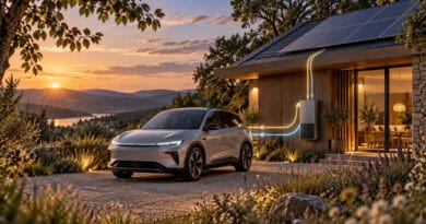 Elektroauto vor einem modernen Wohnhaus bei Sonnenuntergang. Auf dem Dach befindet sich eine Photovoltaikanlage, daneben ist eine Ladeeinrichtung zu sehen. Eine visualisierte Energieverbindung zwischen Fahrzeug und Haus verdeutlicht das Prinzip des bidirektionalen Ladens. Das im Ausgangsdokument auf Seite 2 verwendete Motiv verbindet damit die drei Kernthemen Elektromobilität, Photovoltaik und häusliche Energieversorgung.