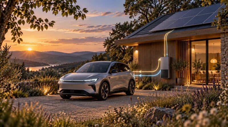 Elektroauto vor einem modernen Wohnhaus bei Sonnenuntergang. Auf dem Dach befindet sich eine Photovoltaikanlage, daneben ist eine Ladeeinrichtung zu sehen. Eine visualisierte Energieverbindung zwischen Fahrzeug und Haus verdeutlicht das Prinzip des bidirektionalen Ladens. Das im Ausgangsdokument auf Seite 2 verwendete Motiv verbindet damit die drei Kernthemen Elektromobilität, Photovoltaik und häusliche Energieversorgung.