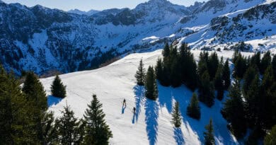 Zwei Menschen unterwegs in verschneiter Berglandschaft im Tannheimer Tal.