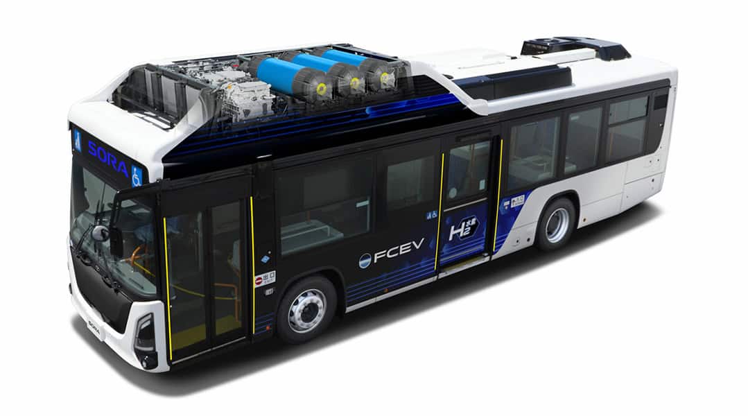 Toyota Sora Wasserstoffbus in der Dreiviertelansicht mit sichtbar dargestellten Wasserstofftanks auf dem Fahrzeugdach.