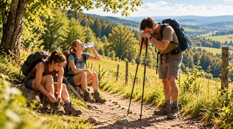 Drei erschöpfte Wanderer machen auf einem Wanderweg Pause. Eine Frau trinkt, eine bindet ihre Schuhe, ein Mann stützt sich auf Wanderstöcke.
