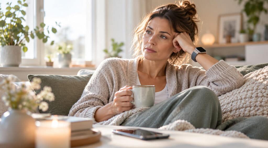 Nachdenkliche Frau sitzt mit einer Tasse auf dem Sofa und schaut zum Fenster.
