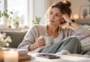 Nachdenkliche Frau sitzt mit einer Tasse auf dem Sofa und schaut zum Fenster.