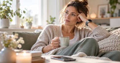 Nachdenkliche Frau sitzt mit einer Tasse auf dem Sofa und schaut zum Fenster.