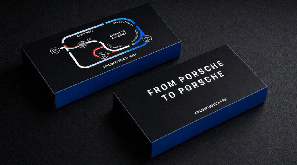 Zwei schwarze Porsche-Verpackungen mit der Aufschrift „From Porsche to Porsche“ und einer Grafik zum Rohstoffkreislauf von Hochvoltbatterien.