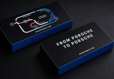 Zwei schwarze Porsche-Verpackungen mit der Aufschrift „From Porsche to Porsche“ und einer Grafik zum Rohstoffkreislauf von Hochvoltbatterien.