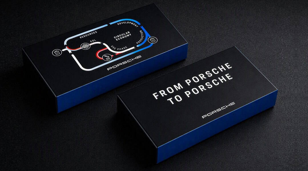 Zwei schwarze Porsche-Verpackungen mit der Aufschrift „From Porsche to Porsche“ und einer Grafik zum Rohstoffkreislauf von Hochvoltbatterien.